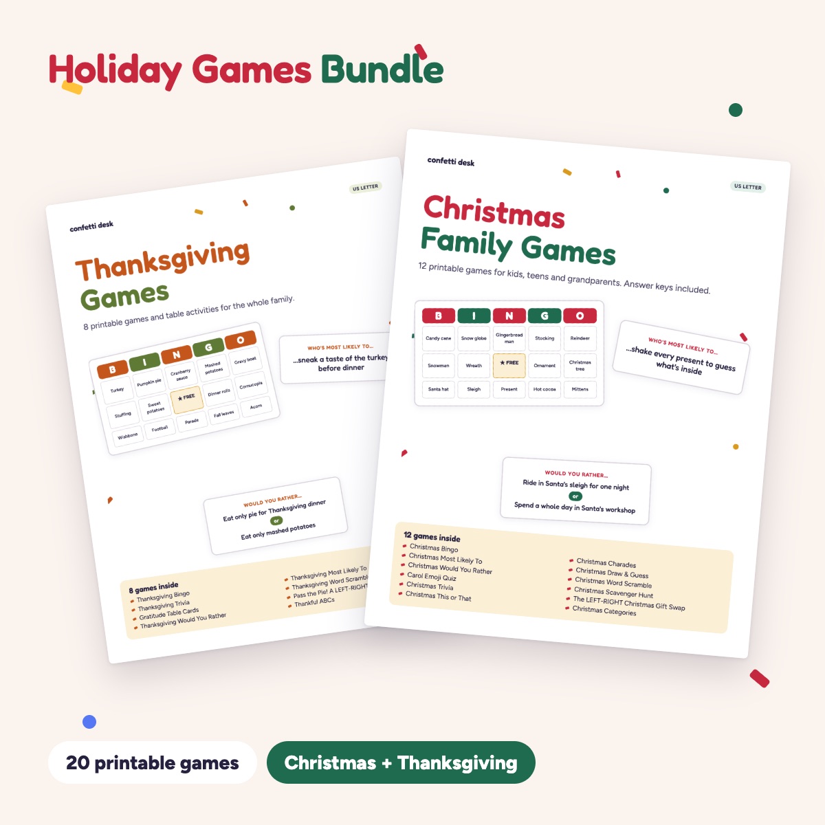 Holiday Games Bundle: printed Christmas and Thanksgiving game pack covers