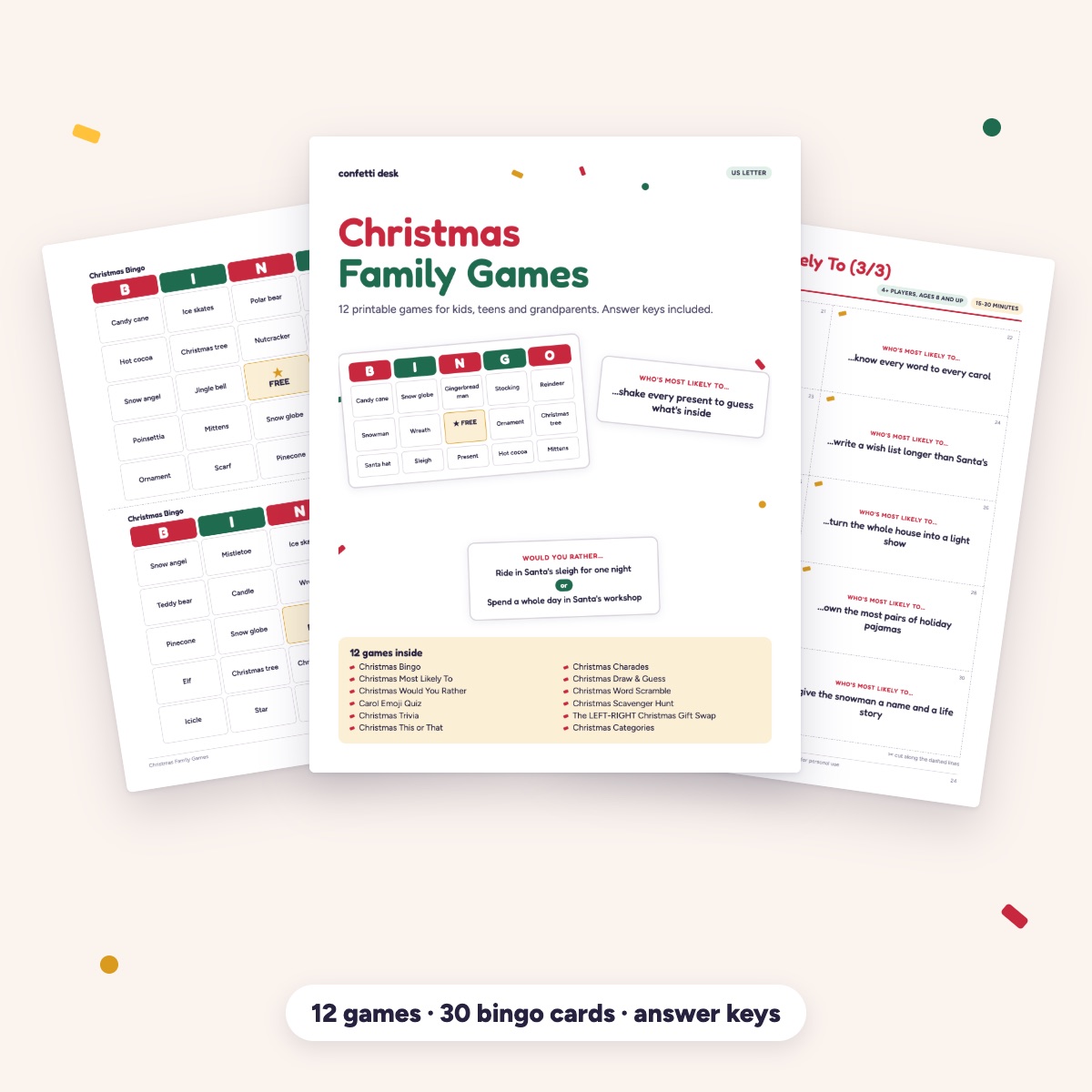 Christmas Family Games Pack cover with bingo and game card pages