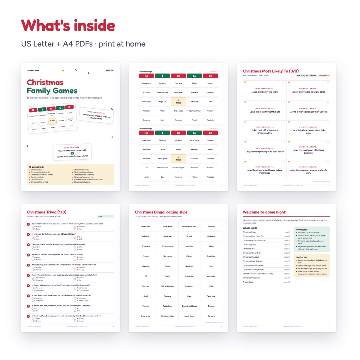 Sample pages: bingo cards, game cards, trivia and calling slips