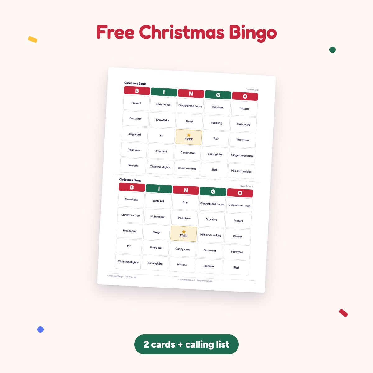 Free Christmas Bingo printable: two cards and a calling list
